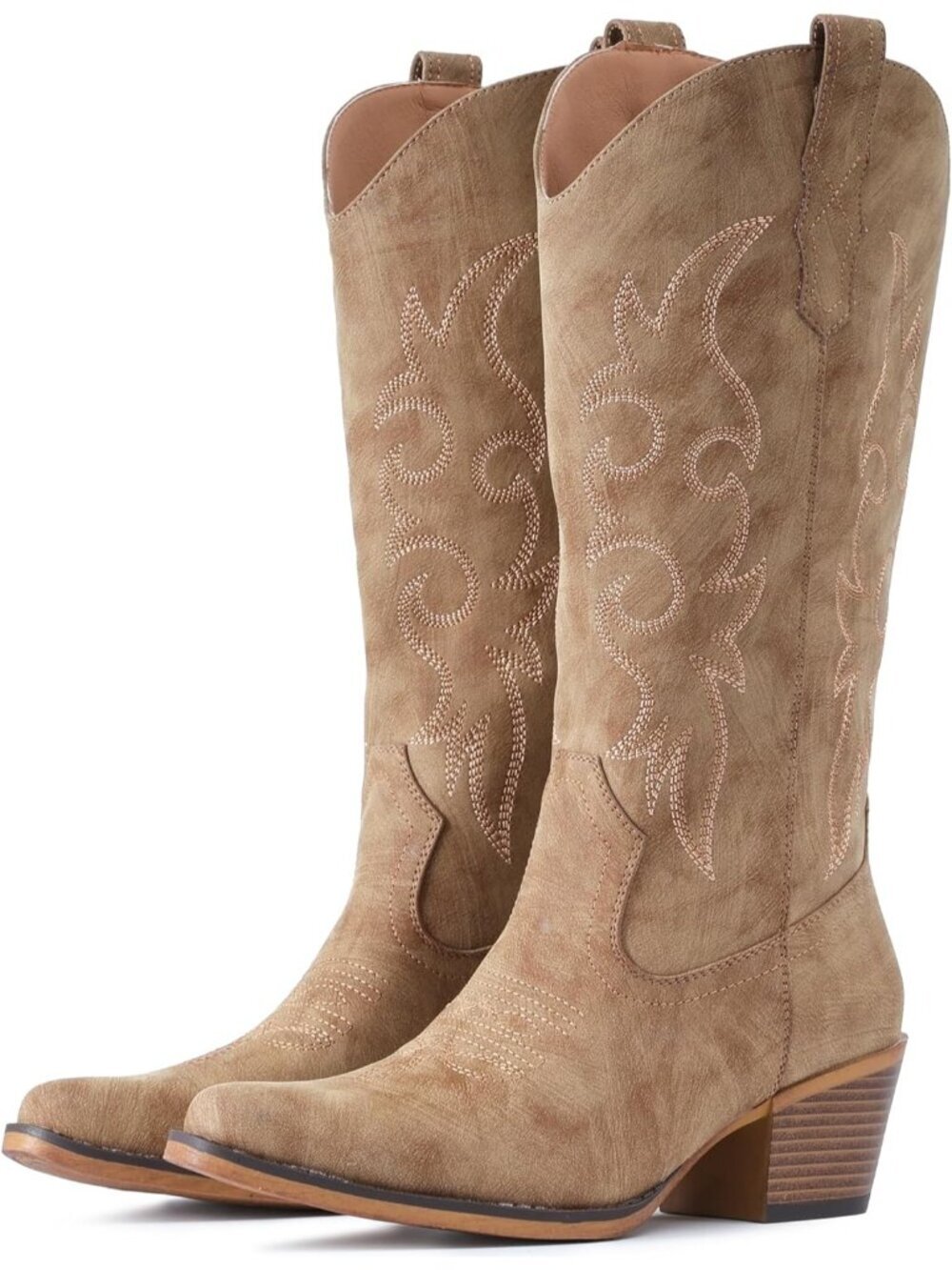 Women’s Camel Western Cowgirl Cowboy Boots Mid-Calf Snip Toe Chunky Heel